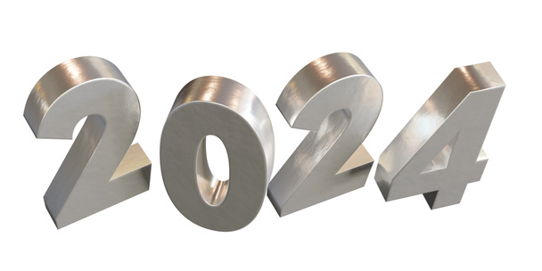 2024 Ano Novo prata metal isolado no fundo branco, acima vista. Renderização 3d - Foto, Imagem