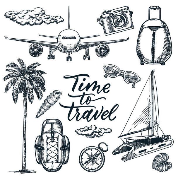 Время путешествовать каллиграфическим шрифтом и набор элементов дизайна летних каникул. Векторный рисунок. Пальма, рюкзак, самолет, яхта, компас, нарисованные рукой на белом фоне - Вектор,изображение