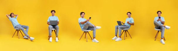 Collage con l'uomo europeo utilizzando laptop e cellulare, navigazione web impegnarsi nel tempo libero digitale, seduto su sedia su sfondo giallo studio, panorama - Foto, immagini