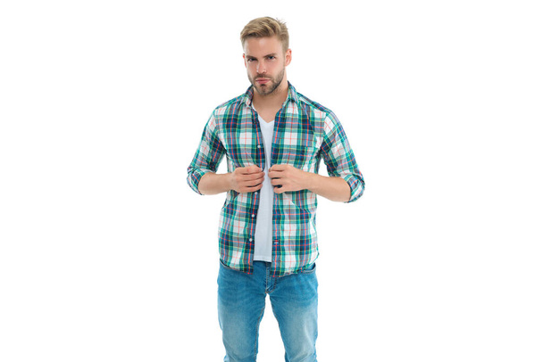 casual young man in studio. photo of casual man wearing checkered shirt. casual man isolated on white. casual man on background. - Fotó, kép