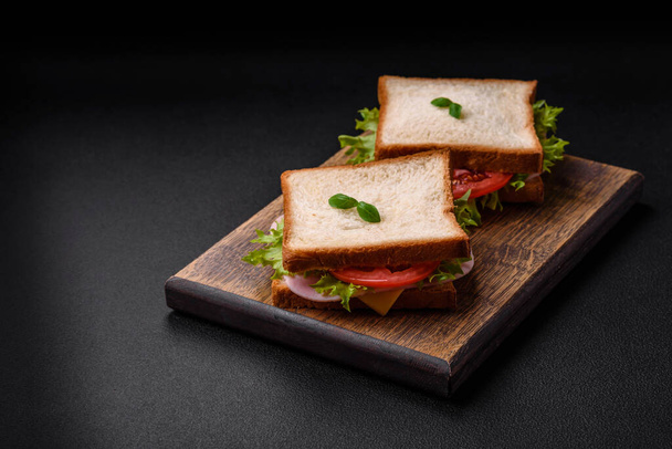 Delicioso sándwich con tostadas, jamón, tomates, queso y lechuga con sal, especias y hierbas sobre un fondo de hormigón oscuro - Foto, Imagen
