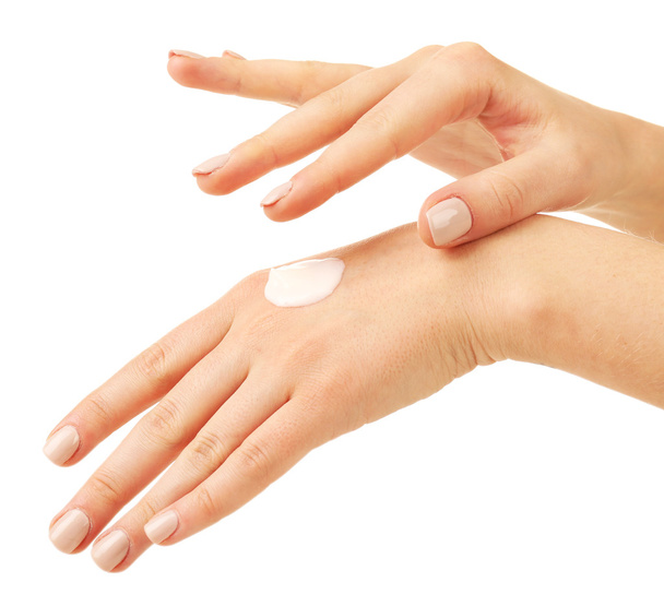 Woman caring hands with cream isolated on white - Fotó, kép