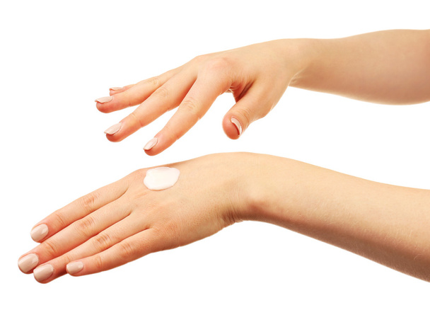 Woman caring hands with cream isolated on white - Zdjęcie, obraz