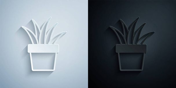 Paper cut Plant in pot icon isolated on grey and black background. Plant growing in a pot. Potted plant sign. Paper art style. Vector - Vektör, Görsel