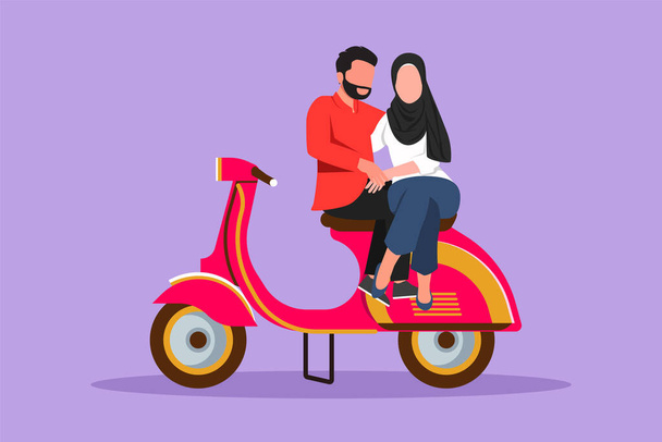 Графический плоский рисунок всадники пара поездки расслабиться. Романтические арабские моменты медового месяца, сидя и разговаривая на мотоцикле. Мужчина и женщина едут на скутере. Векторная иллюстрация в стиле мультфильма - Вектор,изображение