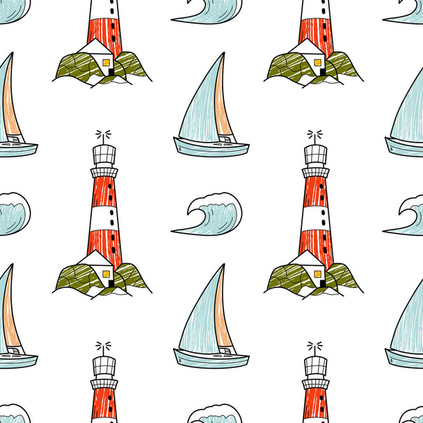 海クルーズヨット,帆,灯台,波をテーマにしたベクトル鉛筆シームレスパターン - ベクター画像