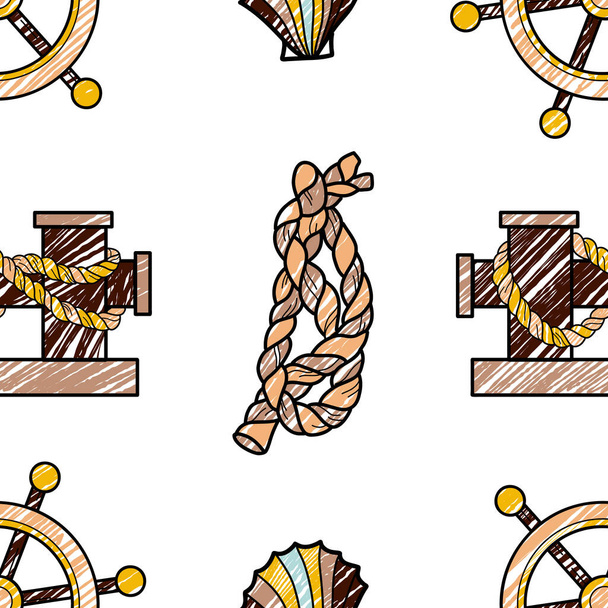 vector pencil seamless pattern on the theme of sea cruise steering wheel, shell, rope - Vector, Image