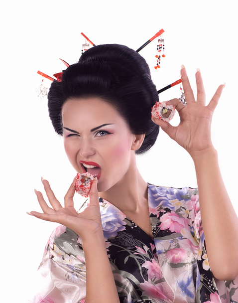 Mulher japonesa com sushi
 - Foto, Imagem