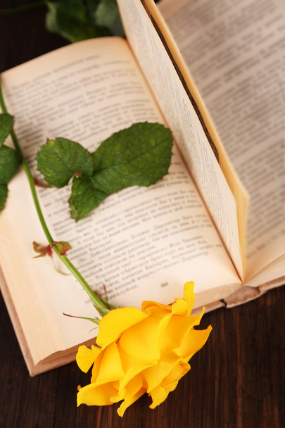 Book with yellow rose on wooden table, closeup - Photo, image
