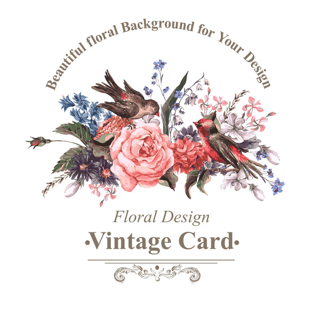 Vintage ευχετήρια κάρτα με τα λουλούδια και τα πουλιά. - Διάνυσμα, εικόνα