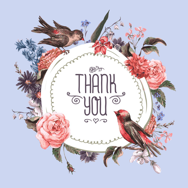 Vintage Greeting Card with Flowers and Birds. - Vector, Image