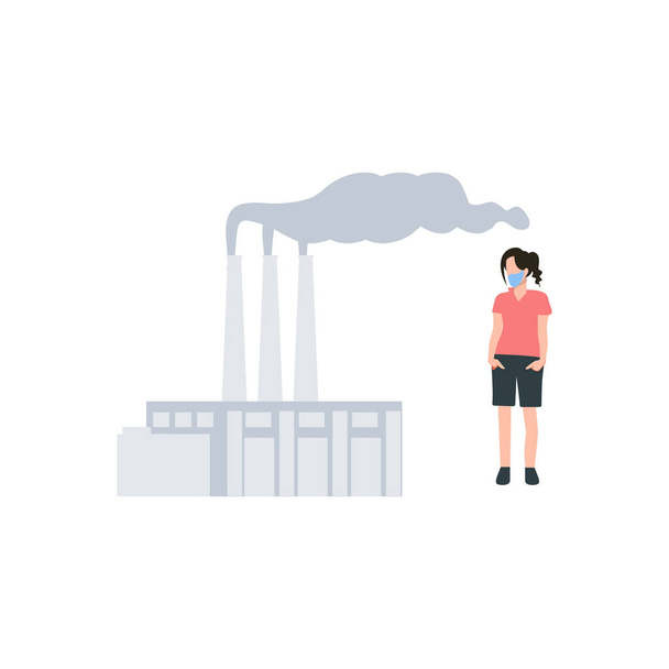 Dívka v masce se dívá na znečištění z továrního kouře. - Vektor, obrázek