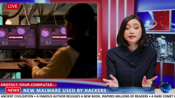 アジアのプレゼンターは,マルウェア攻撃とハッキングアカウントの危険性について議論し,サイバーセキュリティ犯罪を提示します. 女性メディアジャーナリストが,危険な泥棒がパスワードを盗み,サイバー攻撃について語る. - 映像、動画