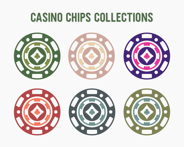 Τσιπς καζίνο. Πολύχρωμη συλλογή από μάρκες καζίνο για τυχερά παιχνίδια, πόκερ, ρουλέτα - Διάνυσμα, εικόνα