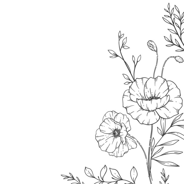 Floral Frames Line Art, Fine Line Poppy Frames Hand Drawn Illustration. Outline Leaves and Flowers.  - Vector, Image
