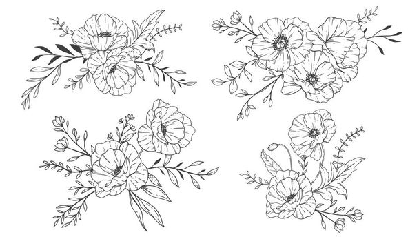 Poppy Flower Line Art, Fine Line Poppy Bouquets Handgezeichnete Illustration. Malvorlage mit Blumen.  - Vektor, Bild