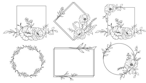 Floral Frames Line Art, Fine Line Poppy Frames Illustration dessinée à la main. Aperçu Feuilles et fleurs.  - Vecteur, image