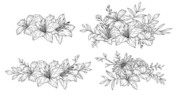 Wildflowers Line Art, Fine Line Wildflower csokrok kézzel rajzolt illusztráció. Színezés oldal virágokkal. - Vektor, kép
