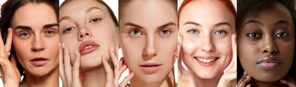 Composite image of beautiful young women faces expressing emotions and show healthy clean skin over white background.Concept of emotion, youth, fashion, beauty, skin and ad - Фото, изображение