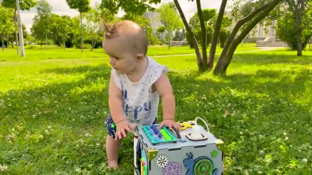 赤ん坊の女の子は草の上のおもちゃと公園で遊んで9ヶ月生まれました - 映像、動画