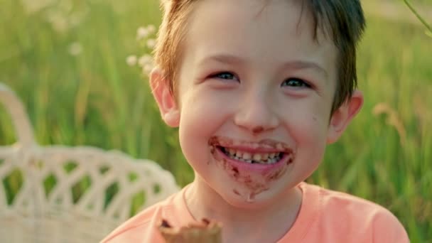 Közelkép egy fehér fiúról, aki jégkrémet eszik a parkban. Boldog gyerek tejszínes arccal édességet eszik egy pikniken, mosolyog és boldog. Kiváló minőségű 4k felvételek - Felvétel, videó