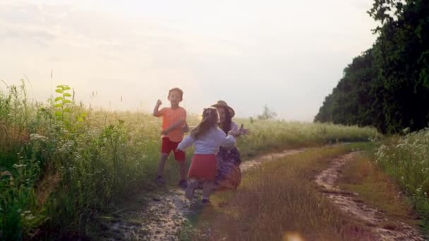 Onnellinen tytär juoksee äitiensä syliin. Lapset ja vanhemmat viettävät aikaa yhdessä kävellen kentällä. Onnellisuuden, hellyyden ja vapauden käsite. Laadukas 4k kuvamateriaalia - Materiaali, video