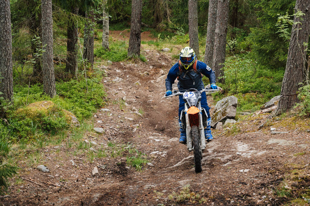 KARELİYA, RUSSIA REÜKLİK - CIRCA HAZİRAN 2022: Karelia 'da Ladoga Kupası 2022 off-road turnuvası. Enduro spor motosikletine binen motosikletli bir motosikletli ormandaki kayaların üzerinde motokros yarışı yapıyor. - Fotoğraf, Görsel