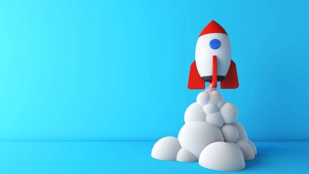 Голубой фон с ракетой, идущей сквозь облака, бизнес вверх, новые вызовы, новые вещи, 3D-рендеринг - Фото, изображение