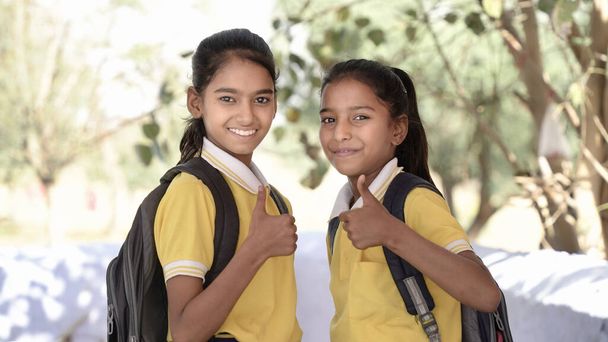 Happy confident Indian student schoolgirl wearing school uniform standing, closeup, Education concept. - Photo, Image