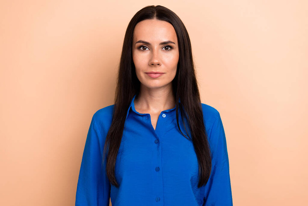 Portrait of amazing beautiful lady worker confident specialist professional wearing blue office shirt isolated beige color background. - Fotografie, Obrázek