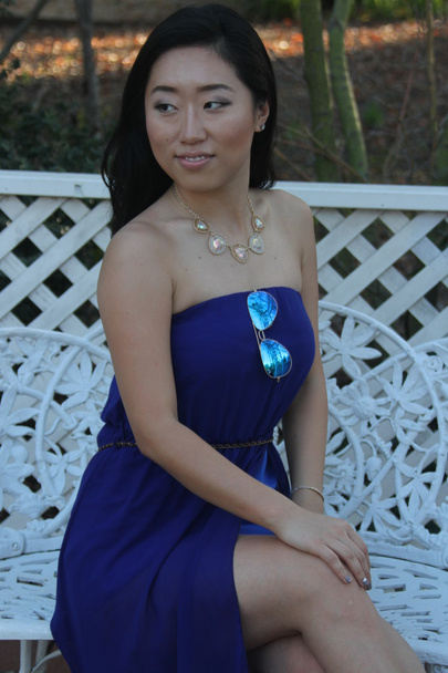 Pretty Chinese  girl in a blue dress - 写真・画像