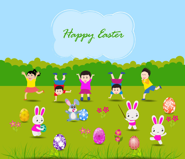 Happy Easter card with eggs and rabbits - Vector, Image