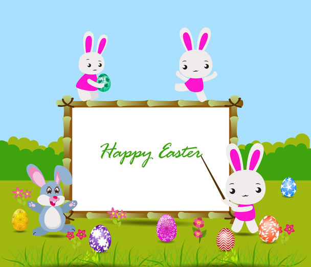 Happy Easter card with eggs and rabbits nearby wood board - Διάνυσμα, εικόνα