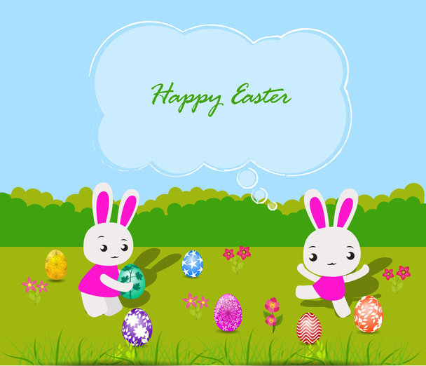 Happy Easter card with eggs and rabbits - Vecteur, image