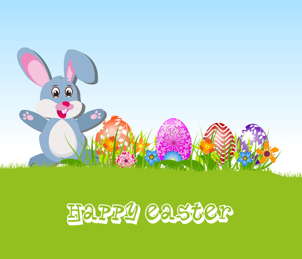 Happy Easter card with eggs and rabbits - Διάνυσμα, εικόνα