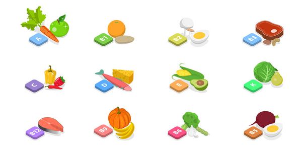Концептуальная иллюстрация трехмерной изометрической плоской векторной иллюстрации витаминов и минералов, полезных пищевых добавок - Вектор,изображение