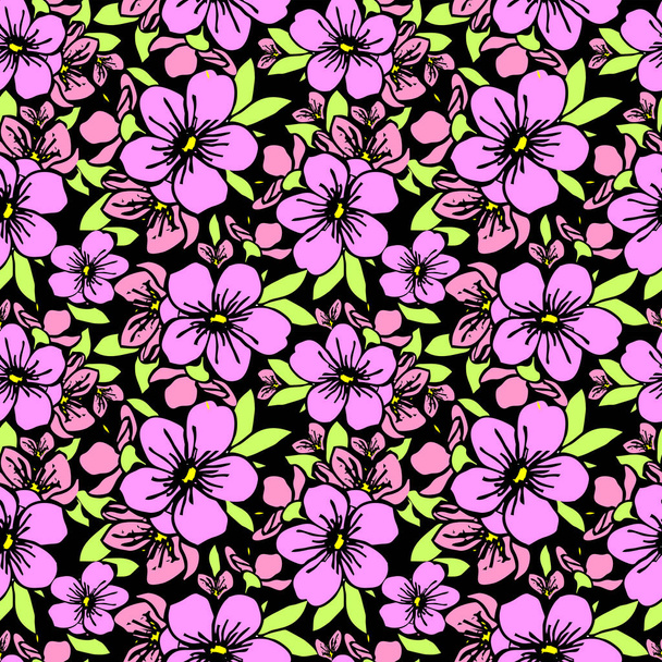 symmetrisches nahtloses Muster aus rosa Blüten auf schwarzem Hintergrund, Textur, Design - Vektor, Bild
