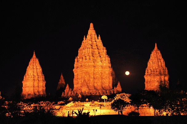 Prambanan Hindu temple at night with full moon, Indonesia - Photo, Image