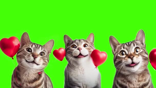 lindos gatos con corazones en fondo de pantalla verde - Imágenes, Vídeo