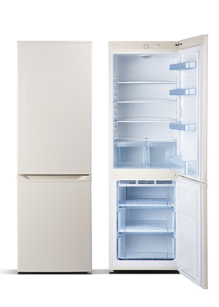 Refrigerators,beige  color, combi  with freezer,  open door, isolated on white - 写真・画像