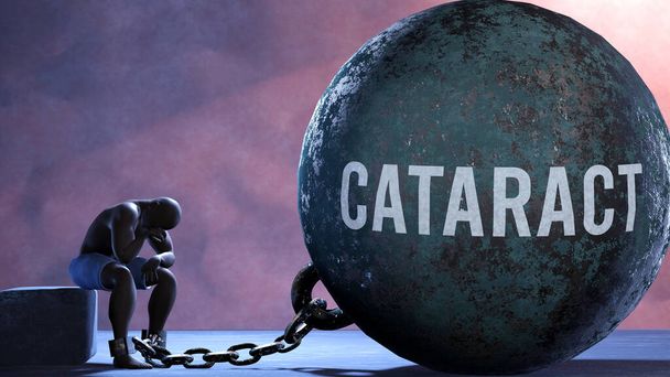 Catarata - uma metáfora que mostra a luta humana com Catarata. Resignada e exausta pessoa acorrentada à Catarata. Drenados e deprimidos por uma luta contínua - Foto, Imagem