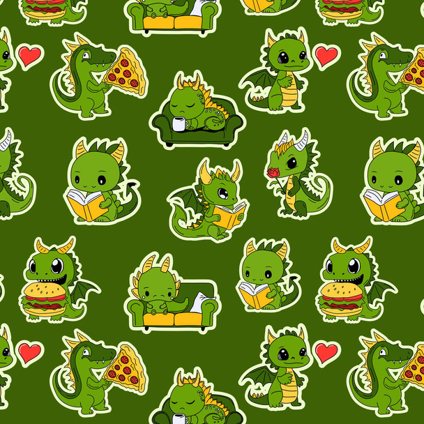Padrão sem costura com ilustração personagens Emoji desenhos animados dinossauro dragão verde ri emoticon adesivo - Vetor, Imagem