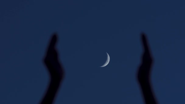Медленное видео, где руки ловят полумесяц. Полнолуние в спокойном ночном небе освещено, показывая его красивую и геометрическую поверхность с низкого угла зрения. Высококачественные 4k кадры - Кадры, видео