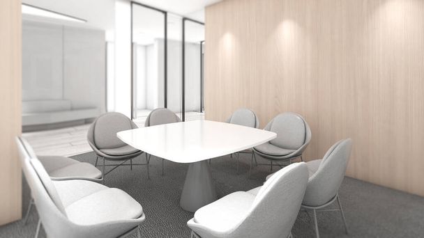 Mała sala konferencyjna na 8 miejsc w biurowcu., renderowanie 3D - Zdjęcie, obraz