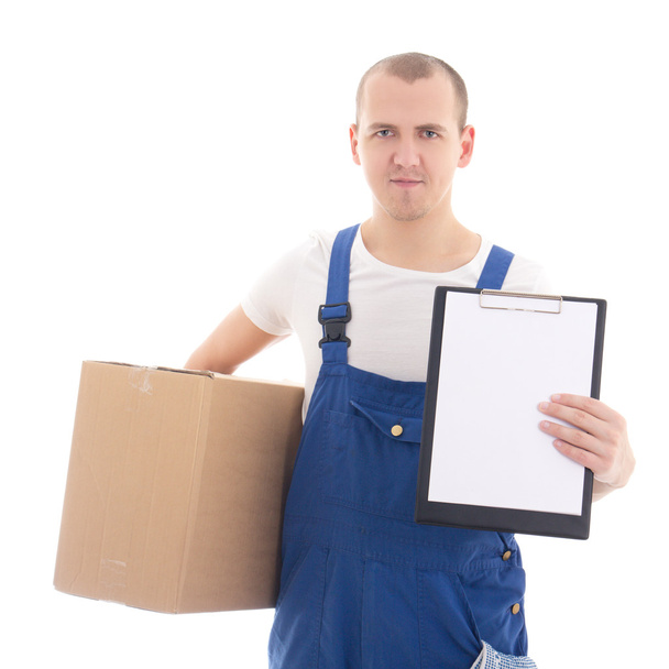concepto de entrega - hombre en ropa de trabajo con cli y caja de cartón - Foto, Imagen