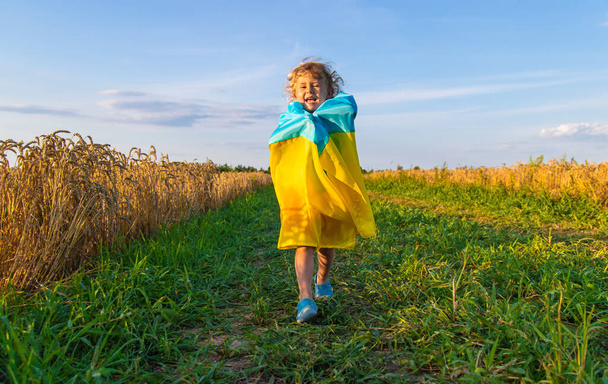 ウクライナの国旗を持つ小麦の畑にいる子供たち. 選択的な焦点。 キッド・キッド. - 写真・画像
