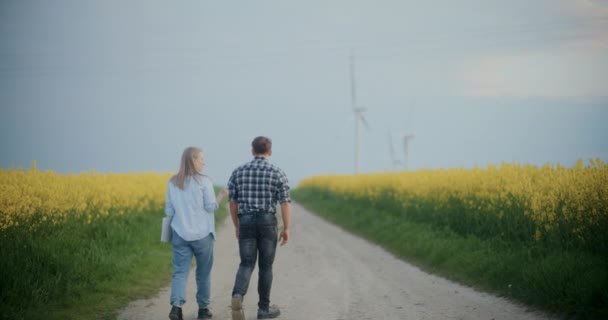 Rückansicht einer Agronomin, die mit einem Bauern diskutiert, während sie auf einem Feldweg inmitten von Feldfrüchten auf einem Bauernhof spaziert. - Filmmaterial, Video