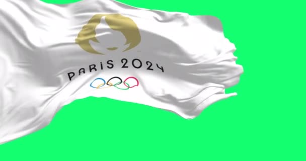 París, FR, 23 de mayo de 2023: París 2024 Juegos Olímpicos bandera ondeando aislado en la pantalla verde. Evento deportivo internacional. Animación de renderizado en 3D sin fisuras. Clave de croma. Canal alfa. Circuito de cámara lenta. 4K - Metraje, vídeo