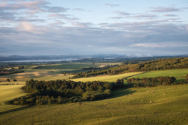 Vista superior de un paisaje rural escocés con vacas pastando en los campos y un puente. Linlithjalá. Puente de Cruce de Queensferry. Escocia - Foto, imagen