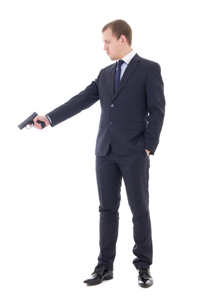 άνθρωπος στο επαγγελματικό κοστούμι σκοποβολή με πιστόλι που απομονώνονται σε λευκό - Φωτογραφία, εικόνα
